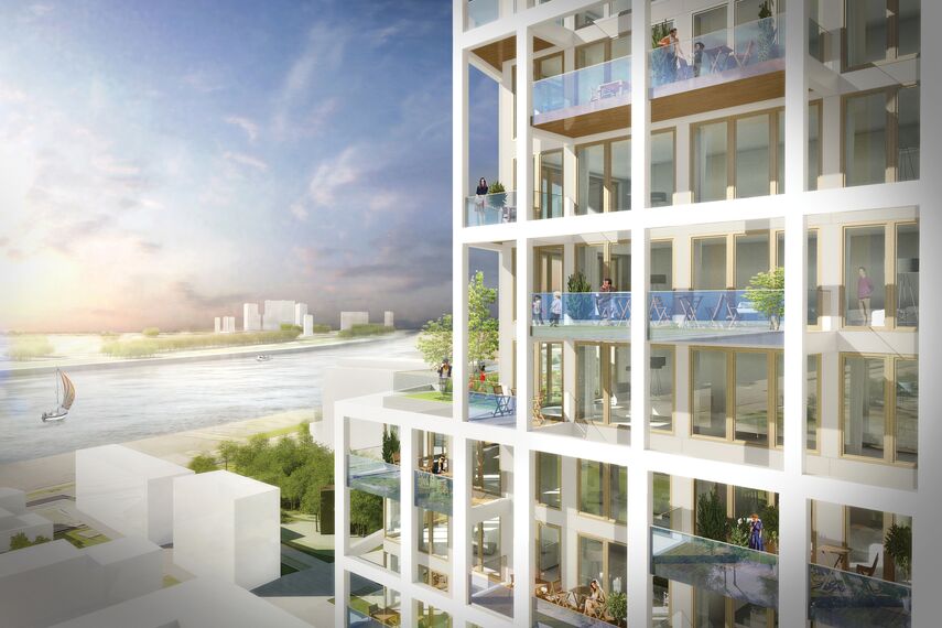 ConceptSystem 59Pa Hliníková okna, ConceptWall 50 Hliníkové fasády, ConceptFolding 77 Hliníkové posuvné systémy a MasterLine 8 HI+ Hliníková okna - Zuiderzicht Nieuw Zuid se nachází v Antwerp, België