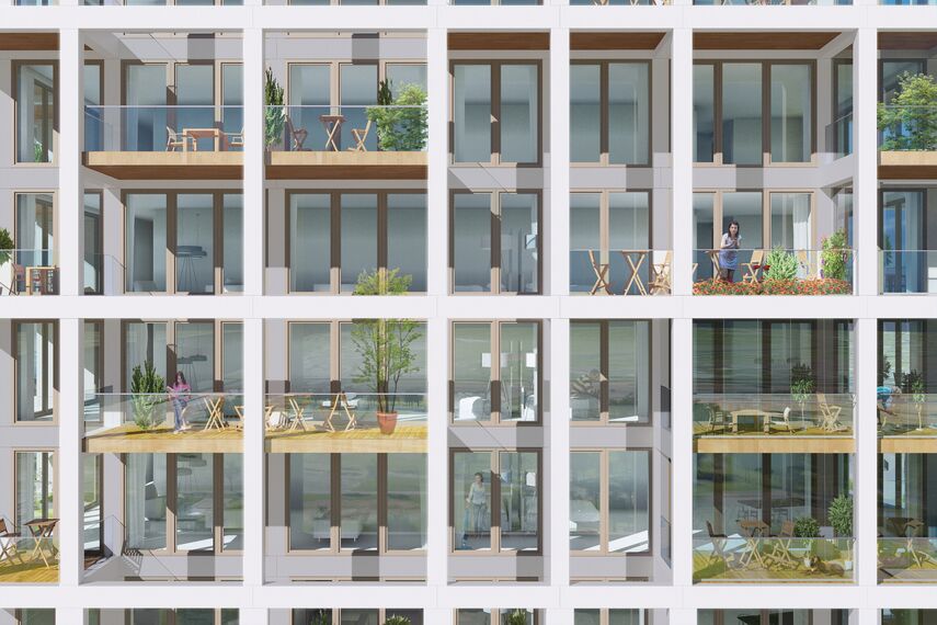 ConceptSystem 59Pa Hliníková okna, ConceptWall 50 Hliníkové fasády, ConceptFolding 77 Hliníkové posuvné systémy a MasterLine 8 HI+ Hliníková okna - Zuiderzicht Nieuw Zuid se nachází v Antwerp, België