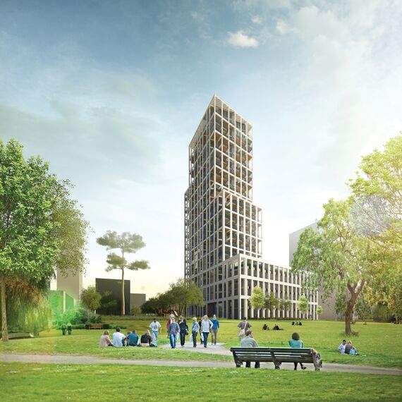 ConceptSystem 59Pa Hliníková okna, ConceptWall 50 Hliníkové fasády, ConceptFolding 77 Hliníkové posuvné systémy a MasterLine 8 HI+ Hliníková okna - Zuiderzicht Nieuw Zuid se nachází v Antwerp, België