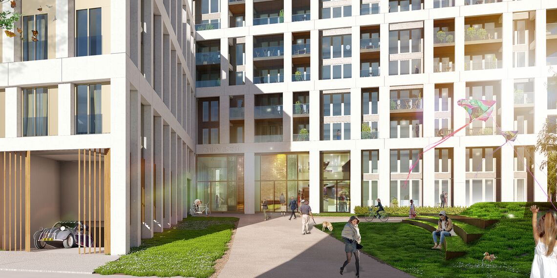 ConceptSystem 59Pa Hliníková okna, ConceptWall 50 Hliníkové fasády, ConceptFolding 77 Hliníkové posuvné systémy a MasterLine 8 HI+ Hliníková okna - Zuiderzicht Nieuw Zuid se nachází v Antwerp, België