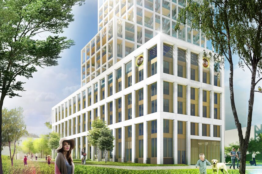 ConceptSystem 59Pa Hliníková okna, ConceptWall 50 Hliníkové fasády, ConceptFolding 77 Hliníkové posuvné systémy a MasterLine 8 HI+ Hliníková okna - Zuiderzicht Nieuw Zuid se nachází v Antwerp, België