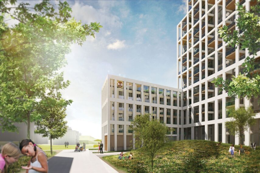 ConceptSystem 59Pa Hliníková okna, ConceptWall 50 Hliníkové fasády, ConceptFolding 77 Hliníkové posuvné systémy a MasterLine 8 HI+ Hliníková okna - Zuiderzicht Nieuw Zuid se nachází v Antwerp, België