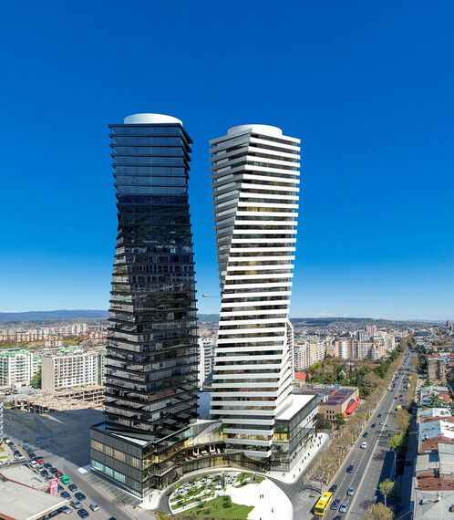 ConceptWall 50 Hliníkové fasády, ConceptSystem 77 Hliníkové dveře a ConceptSystem 77 Hliníková okna - Bytový komplex Axis Towers se nachází v Tbilisi, Gruzie