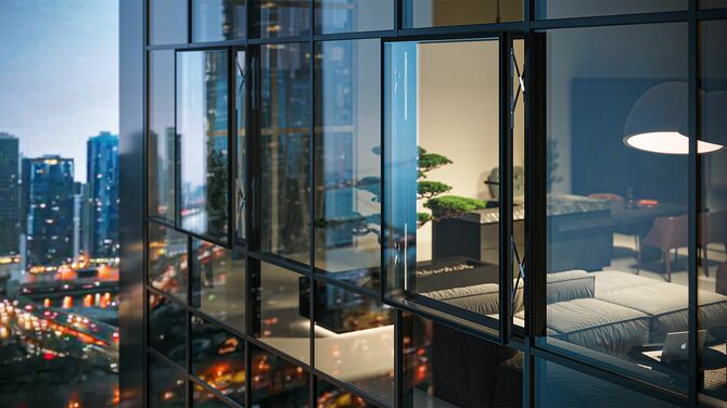 Outdoor view building façade with parallel opening windows.